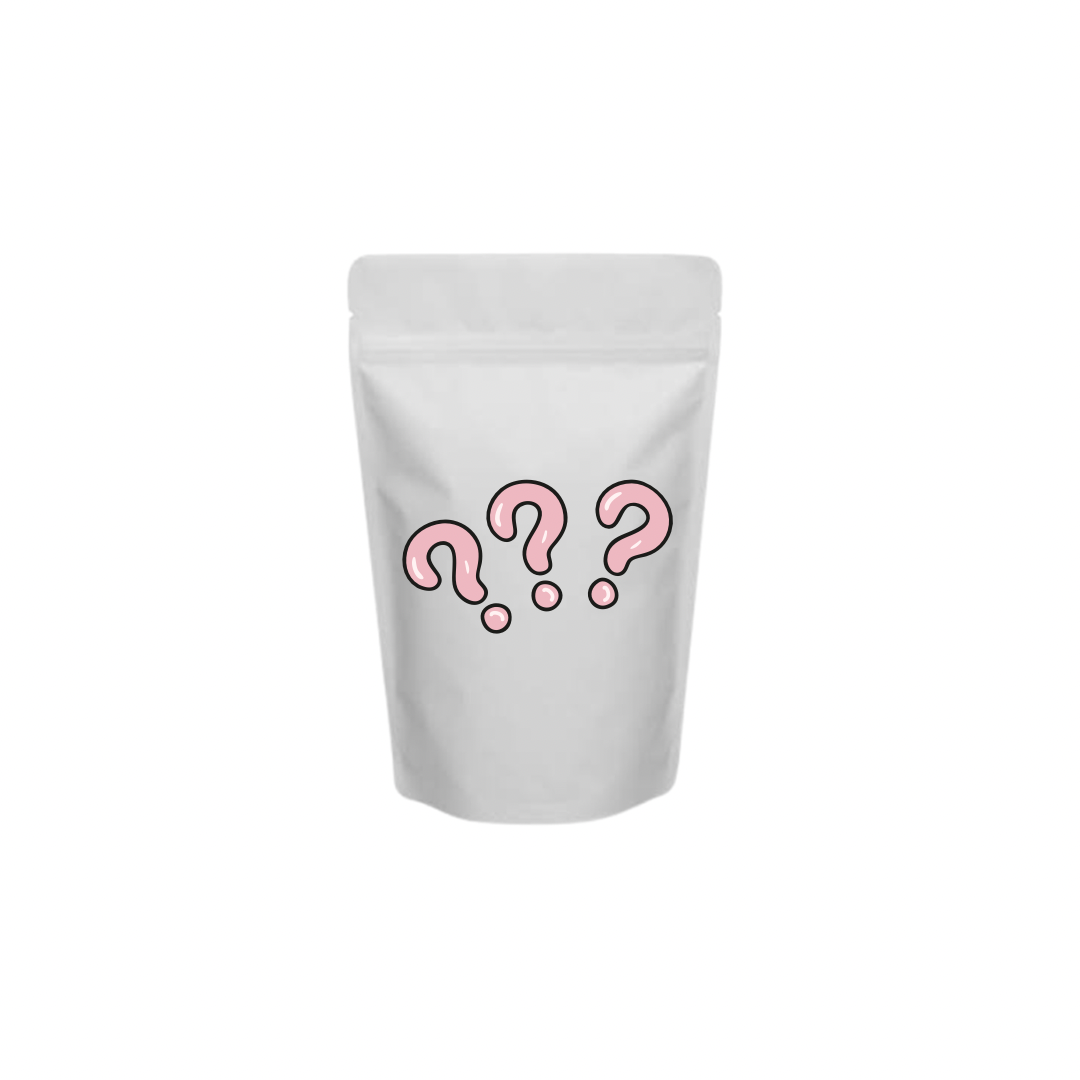 White stand-up pouch with pink question marks on a white background
