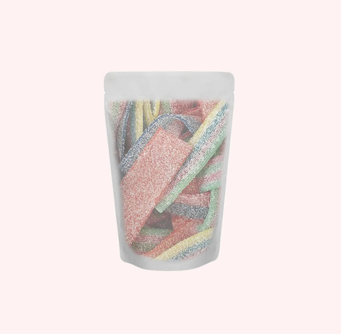 "Assorted sour straps in pink, green, blue, and yellow with granulated sugar coating in transparent stand-up pouch
