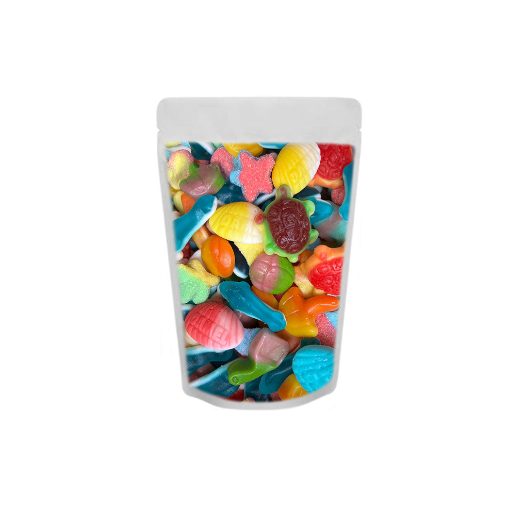 Bag of colorful gummy candies on a white background