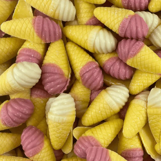 Colorful candy cones with yellow, pink, and white colors.