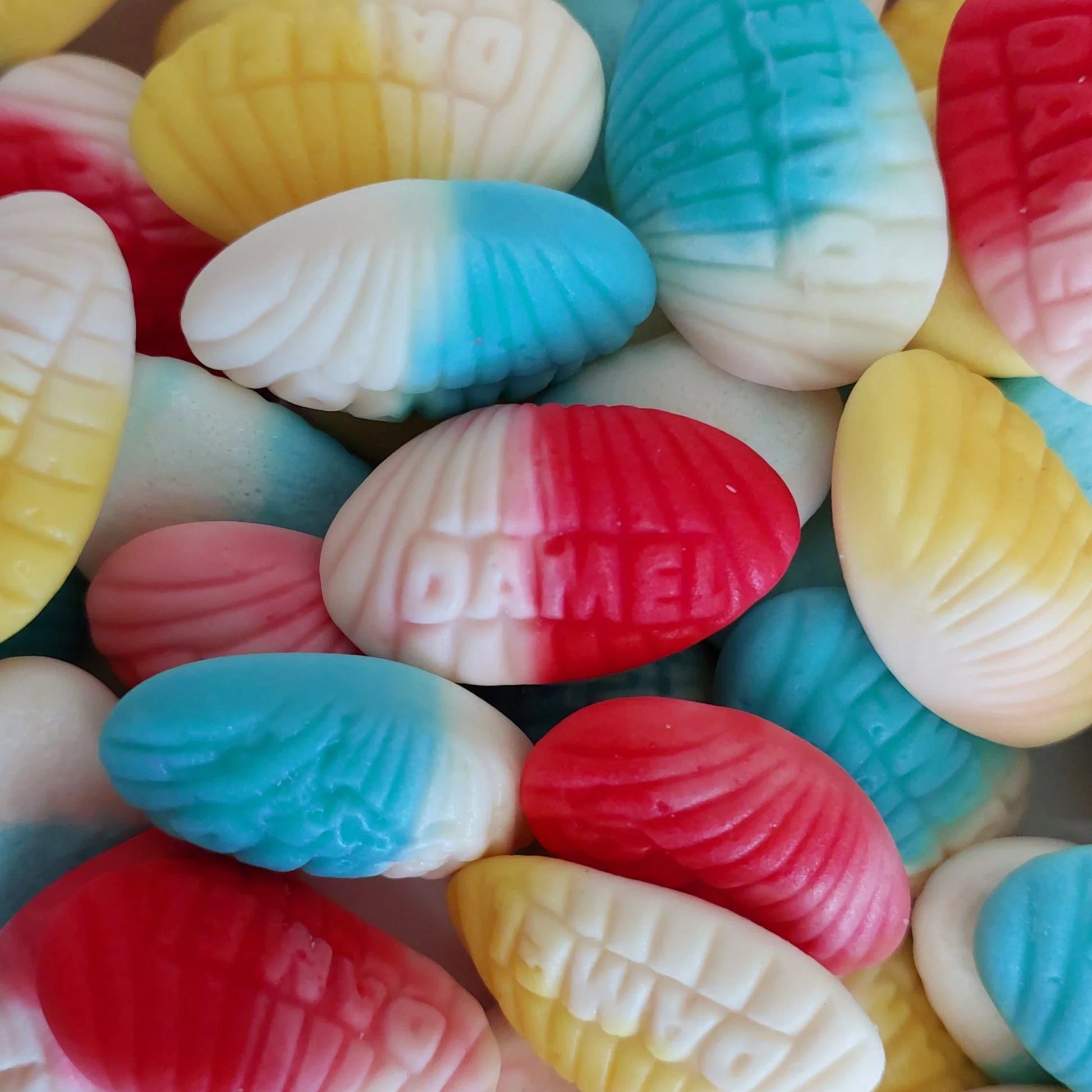 Colorful clam shell-shaped gummy candies in red, blue, yellow, and white with detailed shell ridges and textures, scattered to show their oval shell design