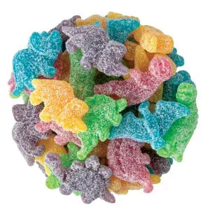 Assorted colorful gummy dinosaurs on a white background