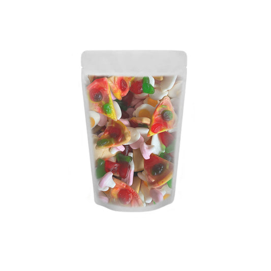 Clear bag filled with colorful gummy candies on a white background
