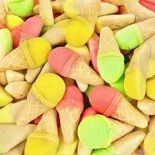 Colorful ice cream cone-shaped cookies with yellow, pink, and green colors.
