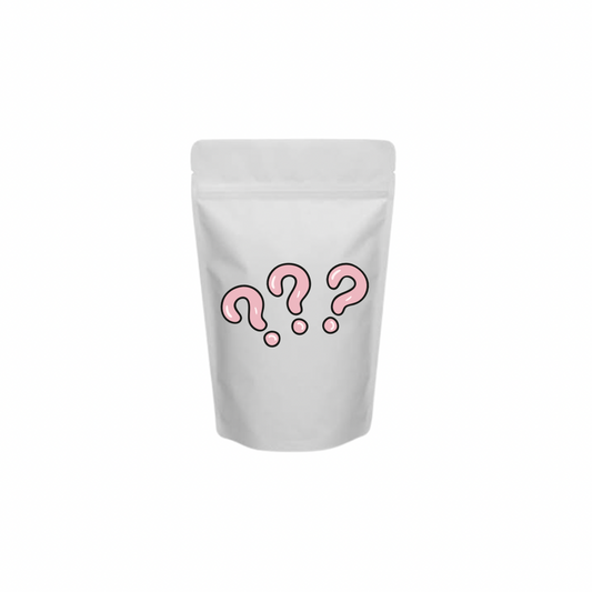 White stand-up pouch with pink question marks on a white background
