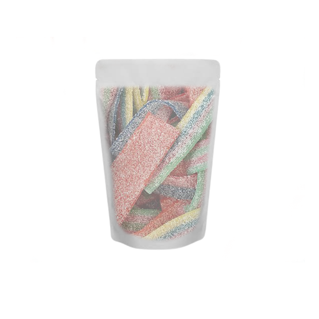 Sour strap lolly bag containing multicolored sugar-coated candy straps in resealable clear packaging