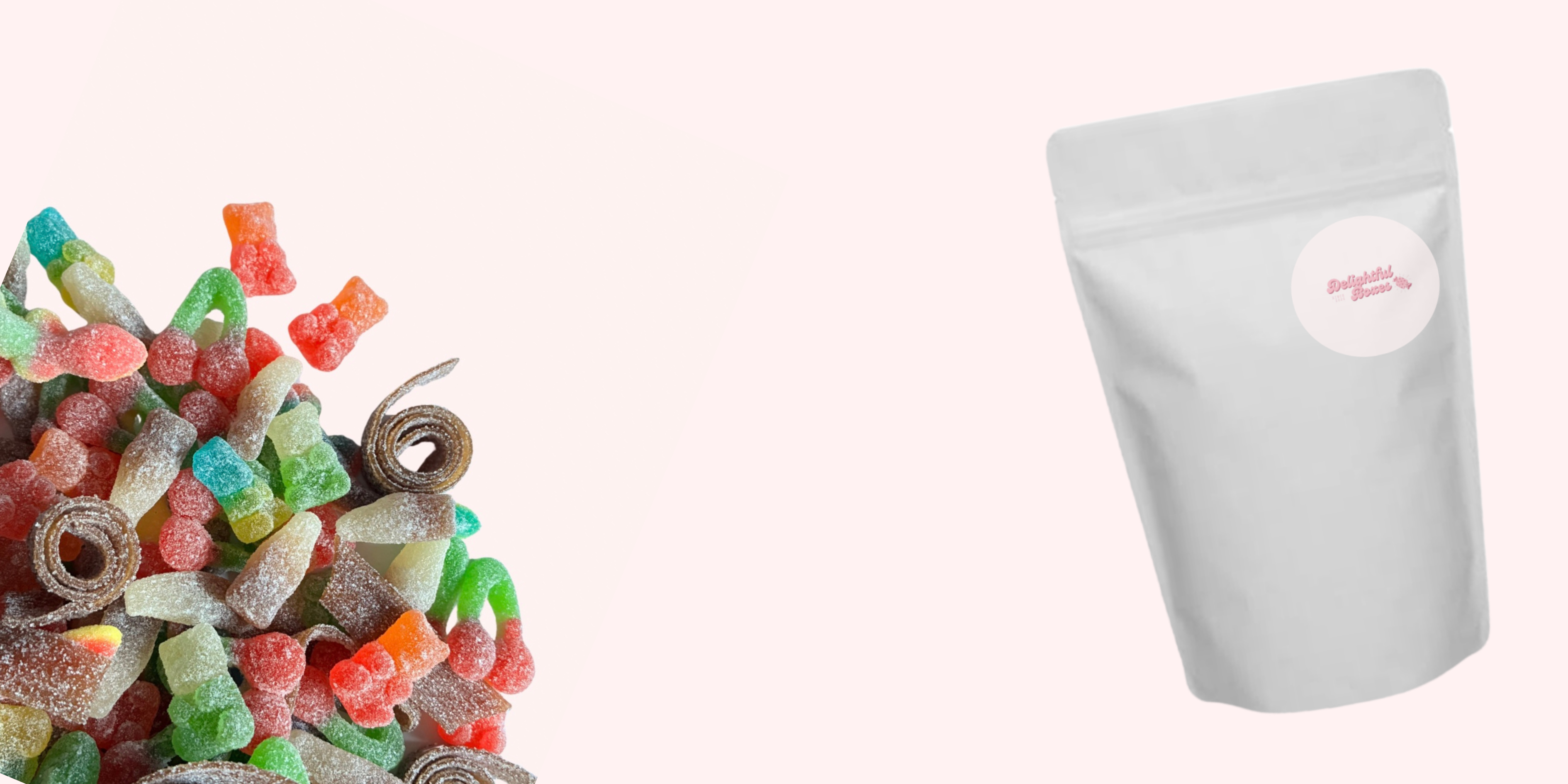 Colorful assorted gummy candies spilling from white Delightful Boxes branded pouch